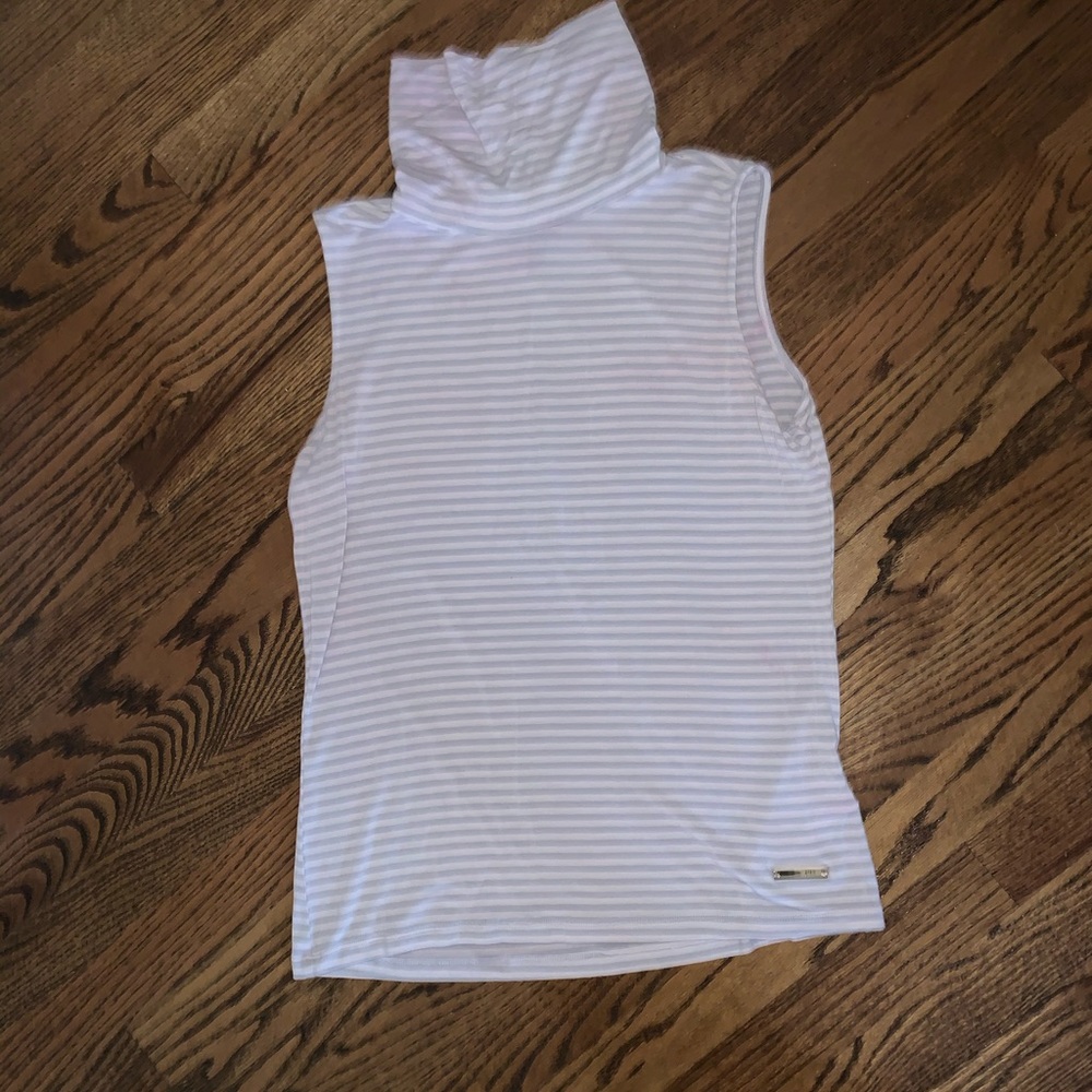 Gray and white striped turtleneck tank top